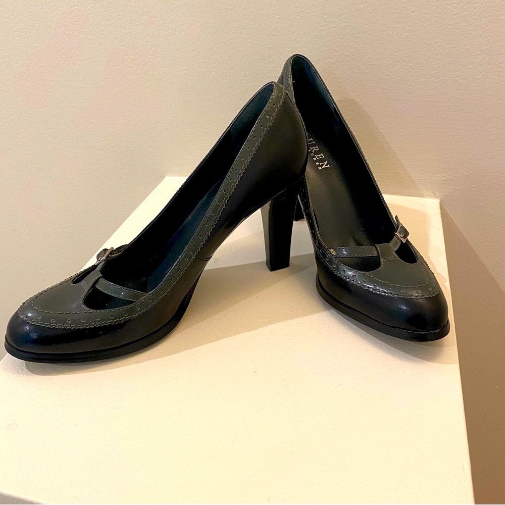 Ralph Lauren Black Patent Heel with green gray accent and wingtip style size 6